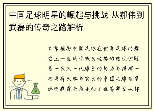 中国足球明星的崛起与挑战 从郝伟到武磊的传奇之路解析